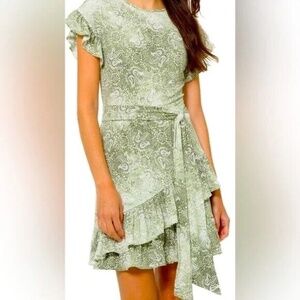 Large MICHAEL KORS Paisley Short Sleeve Ruffle Dress Side Tie Spring Easter Chur